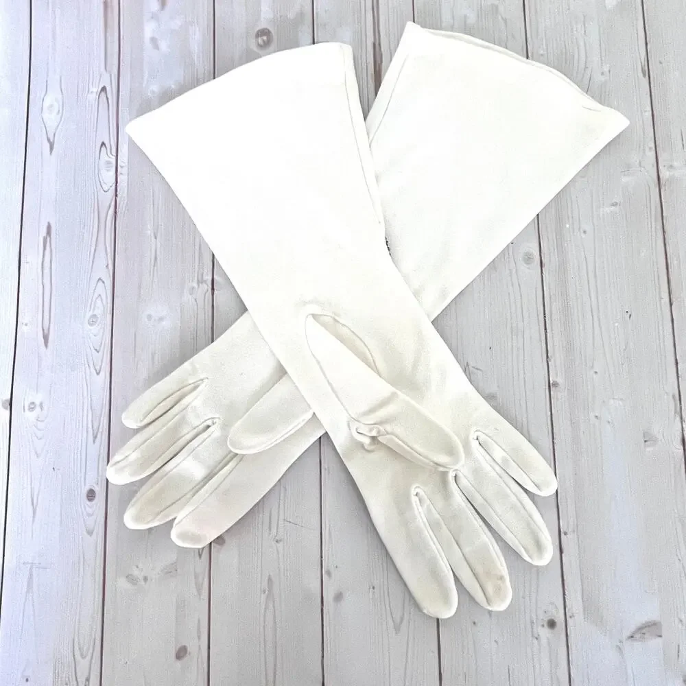 Vintage Mid-Length Fabric Gloves Off-White Embellished Wrist Elvette by Dawnelle